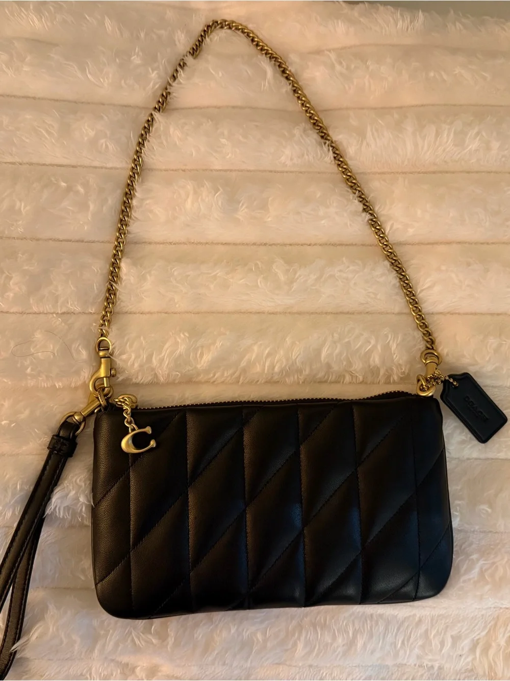 Coach Black Quilted Leather Wristlet with Gold Chain Strap